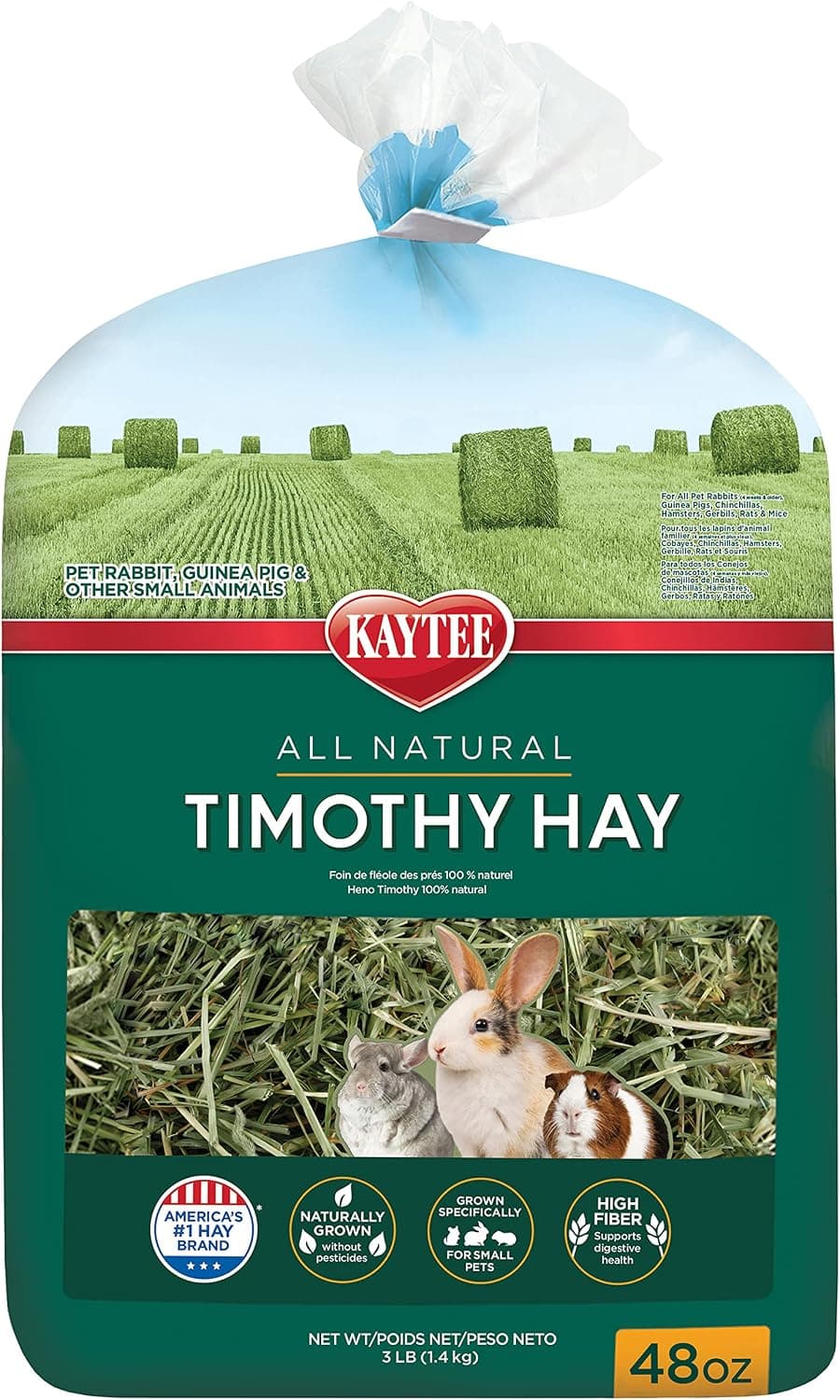 Kaytee Timothy Hay, alto contenido de fibra para conejos, cobayas, 48 onzas | Apoya la salud digestiva. Heno de conejo seleccionado a mano. Heno de cobaya, heno de chinchilla, libre de pesticidas