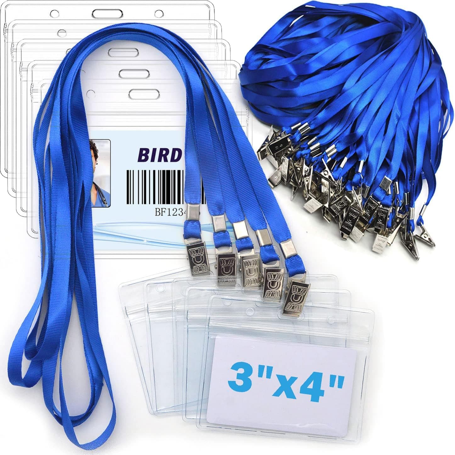 Soporte para tarjetas de identificación de 4 x 3 con cordón, paquete de 50 soportes para tarjetas de identificación horizontales impermeables y 50 etiquetas de identificación con cordones para conferencias, eventos y reuniones (azul, 4 x 3 pulgadas)