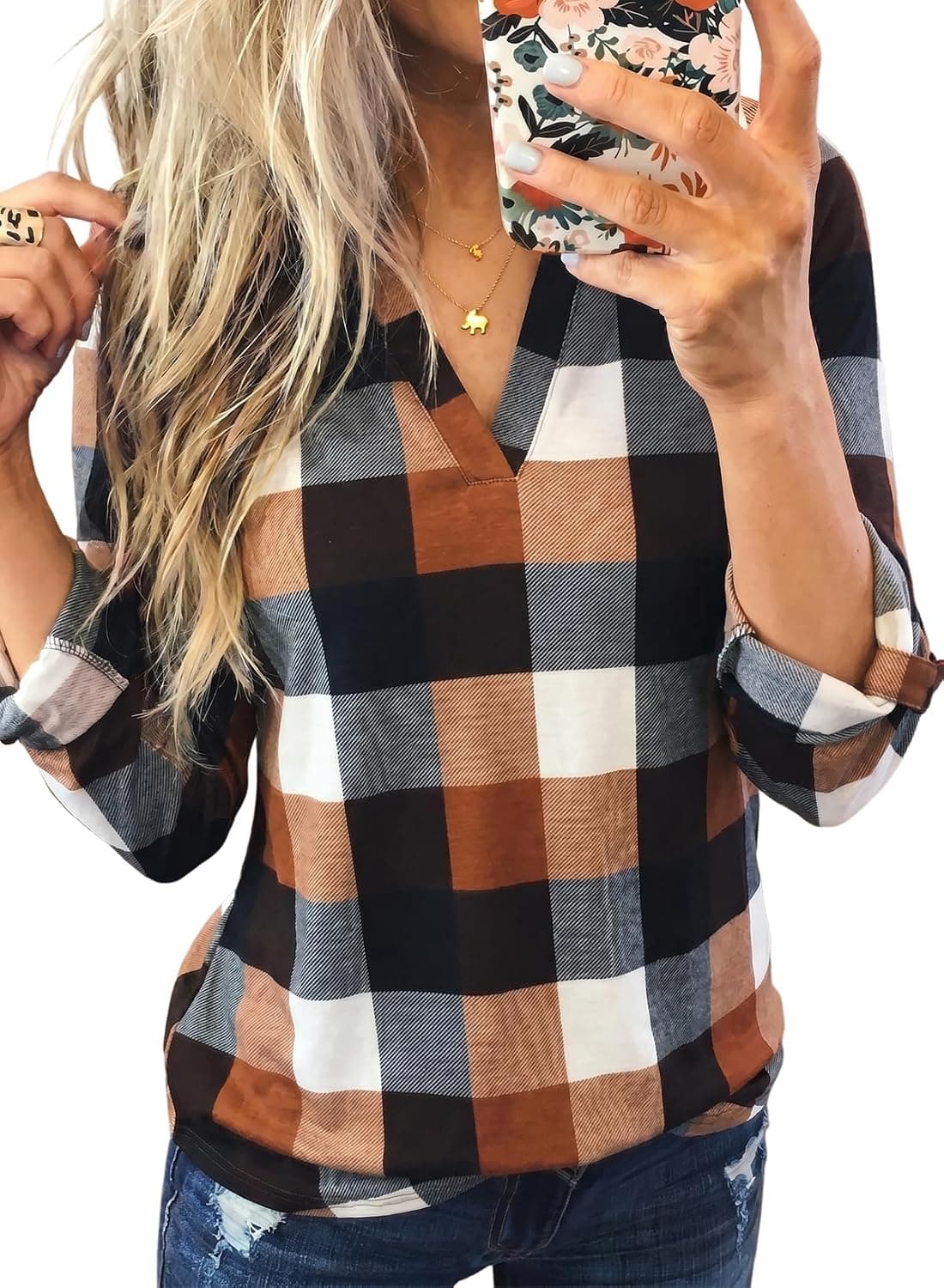 Camisas de manga 3/4 de algodón a cuadros de Dokotoo para mujer Blusas