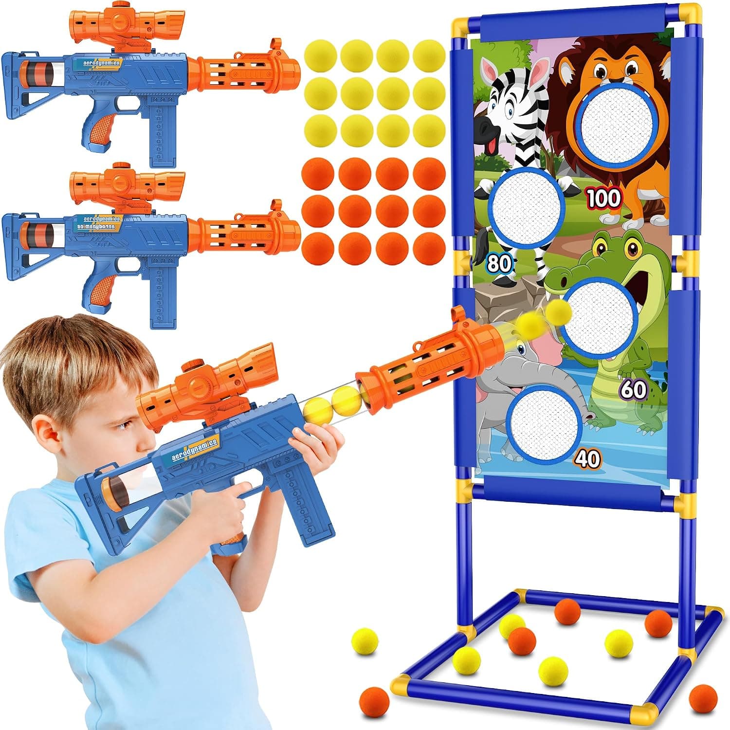 KKONES Juego de disparos de juguete para niños – Pistolas de aire de espuma de juguete para 2 jugadores | 24 bolas de espuma tipo bala y objetivo de tiro de pie, regalos de cumpleaños para niñas de 3, 4, 5, 6, 7, 8, 9, 10 a 12 años