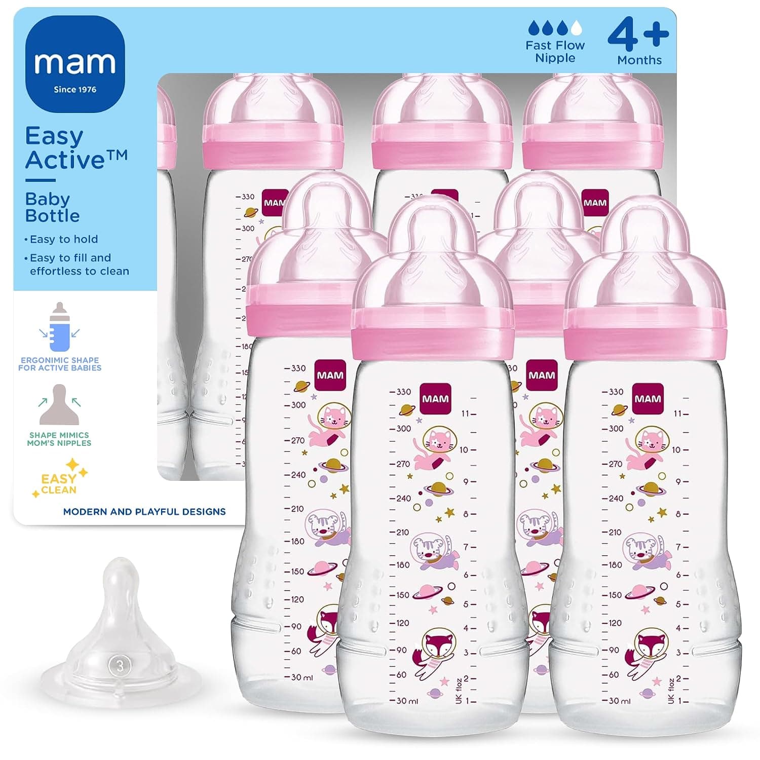 MAM Biberón anticólico activo Active Natural Flow de 11 oz, 4 meses o más, paquete de 4