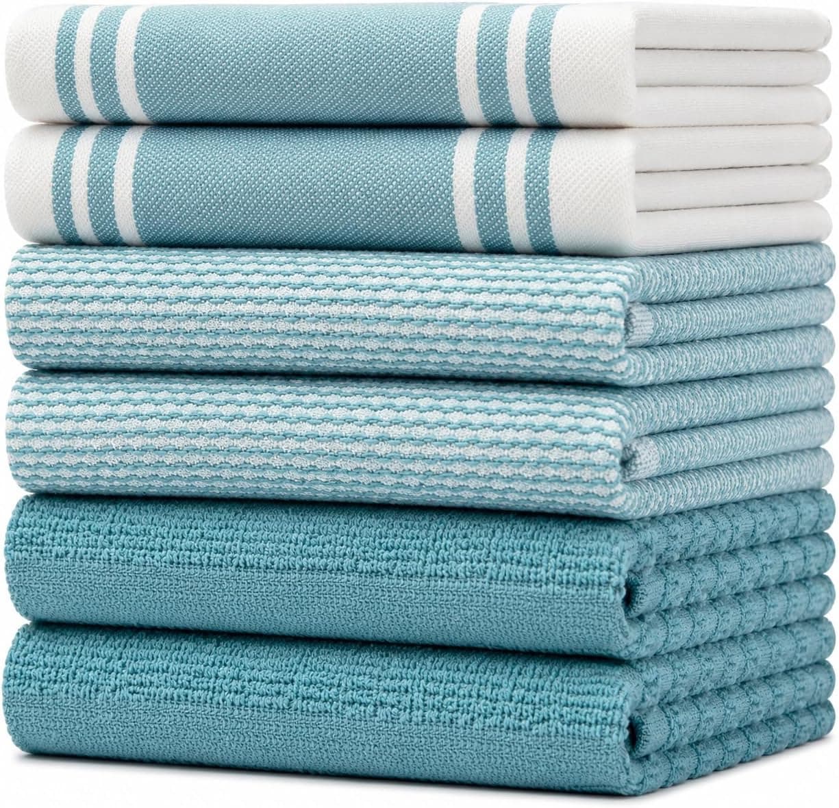 Toallas de cocina premium, paquete de 6 paños de cocina 100% algodón de 20 x 28 pulgadas - Aqua Wide | Juego de ropa de cocina grande, plana y de rizo, con trabillas para colgar, muy absorbente para lavar y secar platos