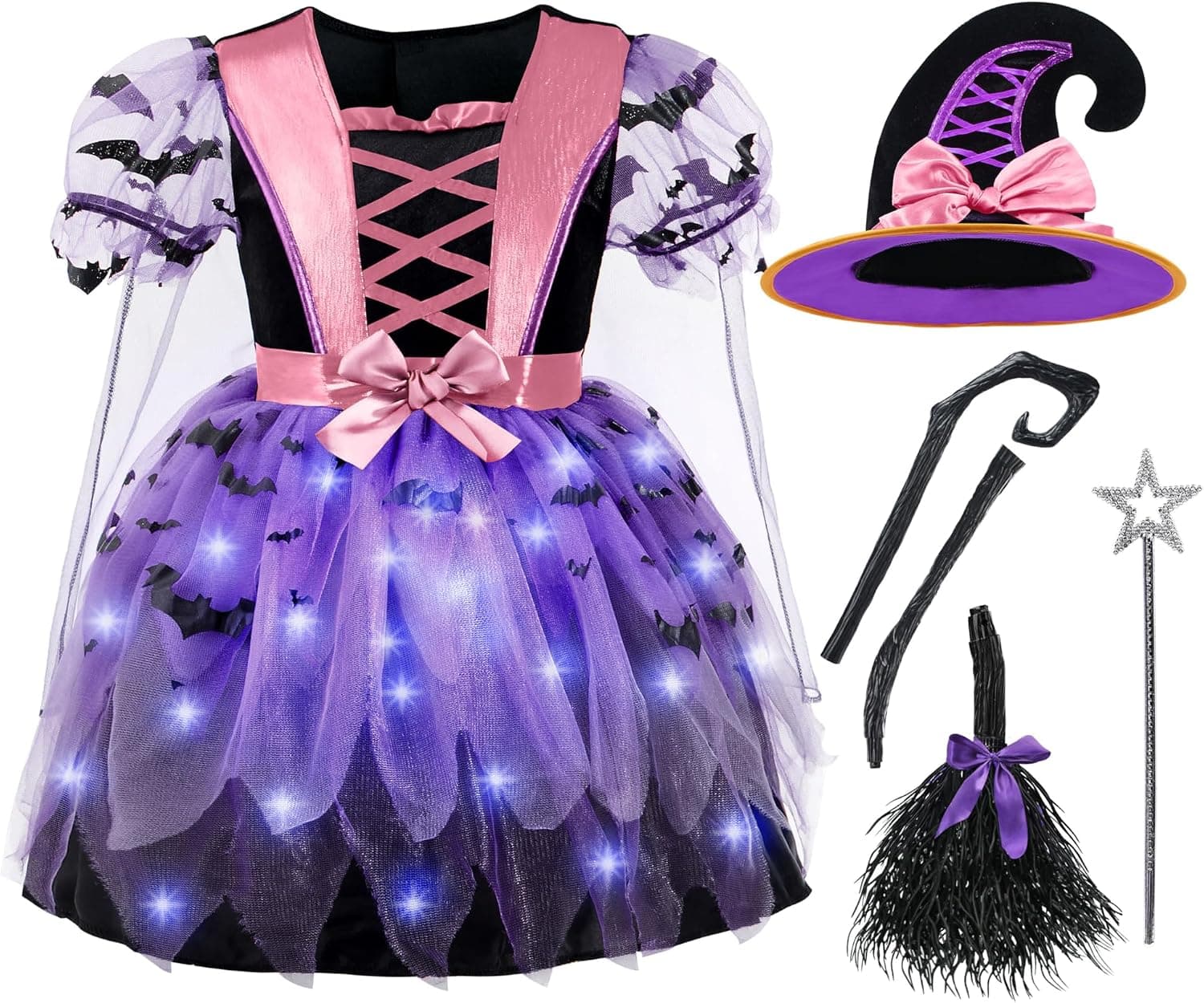 Spooktacular Creations Disfraz de bruja iluminada para niñas, disfraz de bruja para niños con sombrero y escoba para fiesta de Halloween