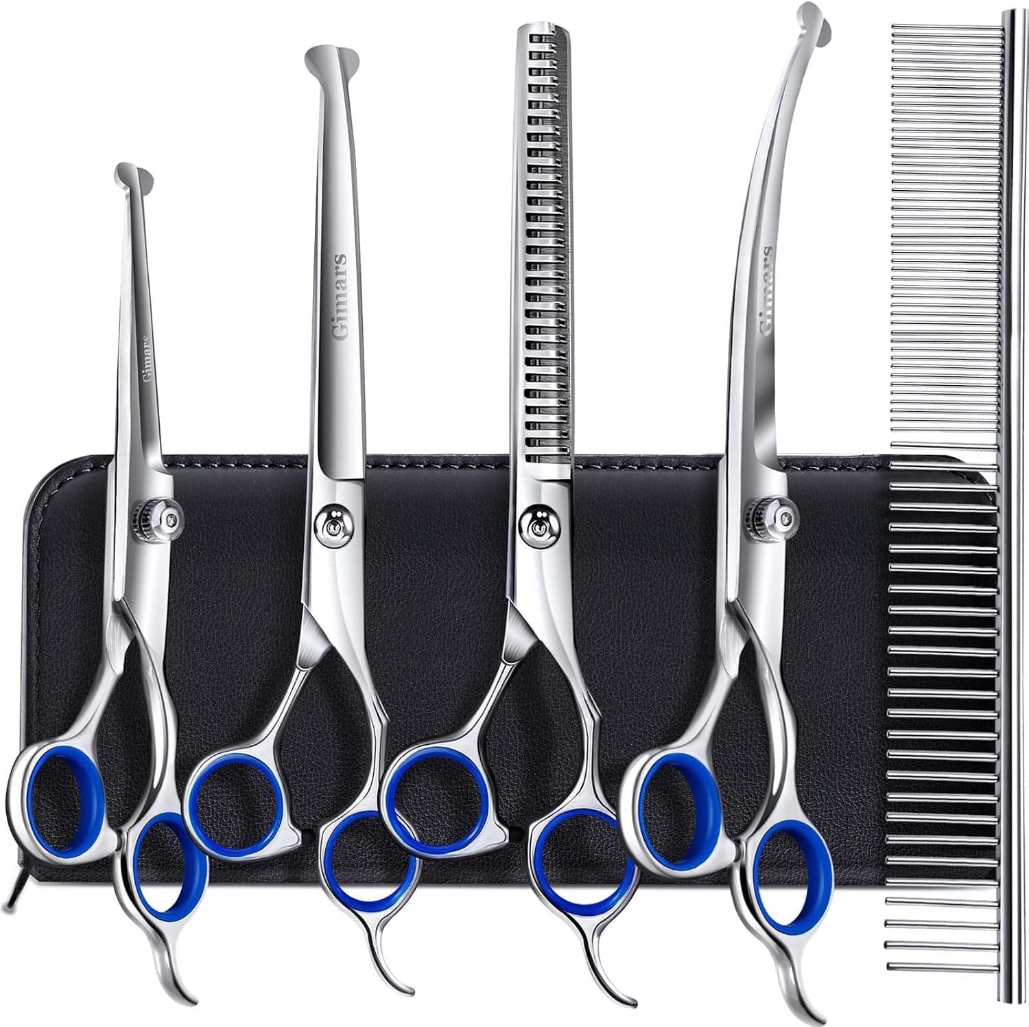 Gimars Titanium Coated Professional 6 en 1 4CR Tijeras de aseo para perros de acero inoxidable con punta redonda de seguridad, tijeras de aseo para mascotas de alta resistencia para perros, gatos y otros animales