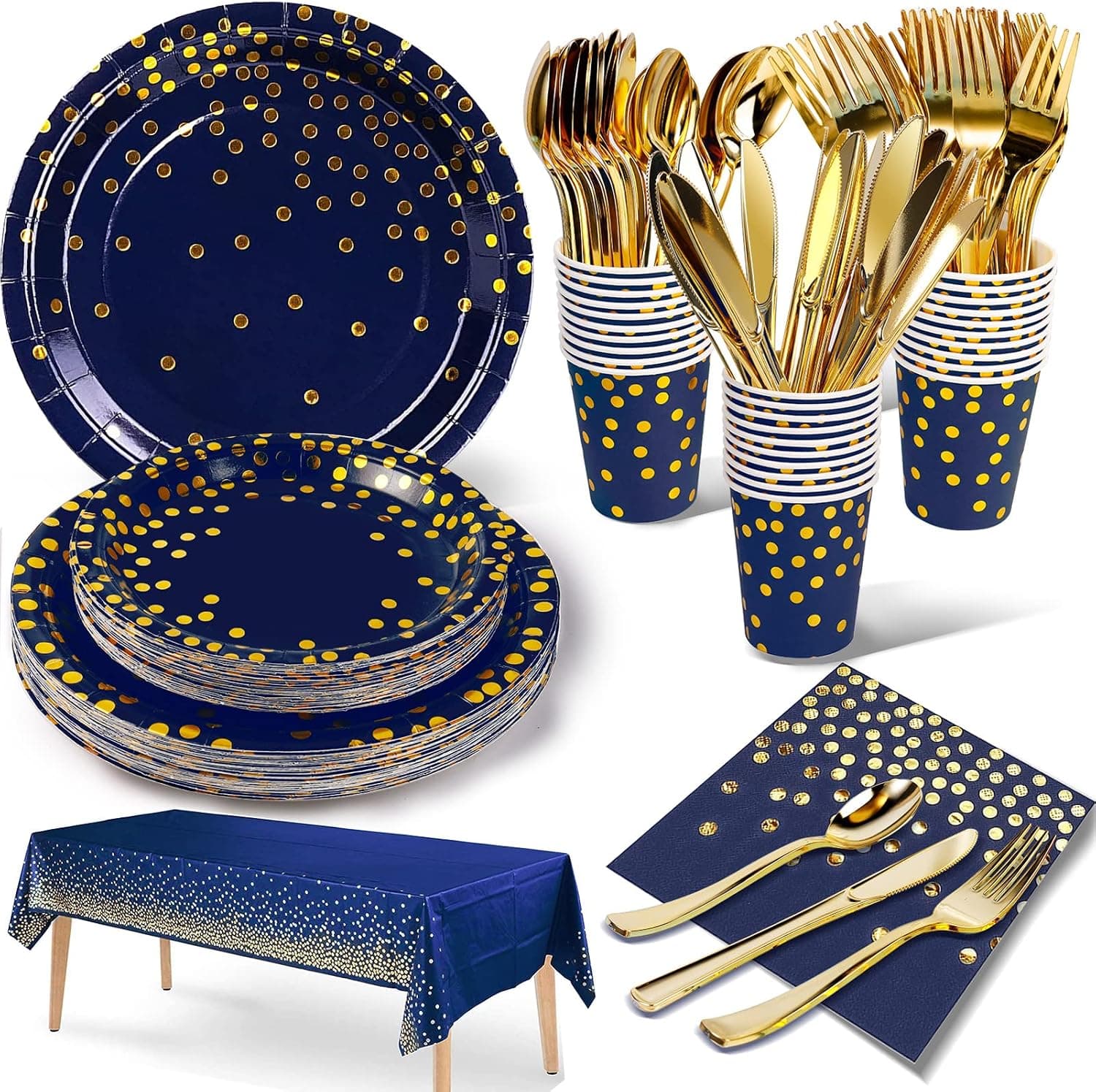 Nkaiso 141Pcs Navy Blue Gold Paper Plates and Napkins Party Supplies for20 | Party Plates and Cups and Napkins Sets for Birthday Wedding Holidays Parties Decorations