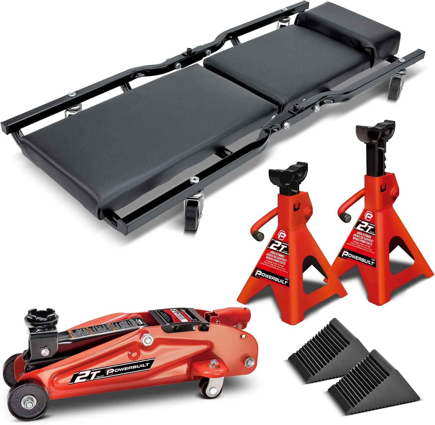 Powerbuilt Juego de servicio de gato para automóvil y enredadera de garaje de 6 piezas, elevador de vehículos de 2 toneladas, soportes de gato, enredadera plegable, calzos para ruedas, equipo de taller de reparación de automóviles - 640816, grande, rojo