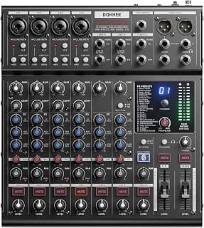 Donner DAM1000 Mezclador de audio analógico de 10 canales para DJ, con 4 micrófonos LAXY-PRE premium, preamplificadores de potencia fantasma de 48 V, BT 5.3, frecuencia de muestreo de 48 kHz y 24 bits