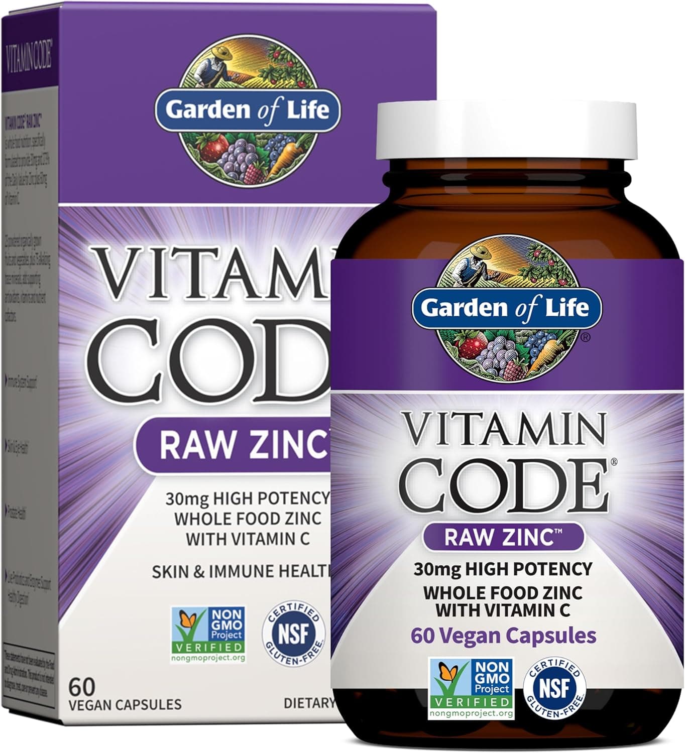 Garden of Life Suplementos de zinc 30 mg Suplemento multimineral de zinc crudo y vitamina C de alta potencia, código de vitaminas, oligoelementos y probióticos para la salud de la piel y el apoyo inmunológico, 60 cápsulas veganas
