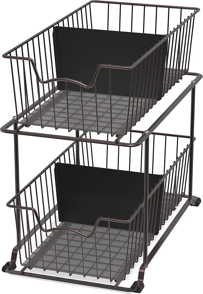 SimpleHouseware Organizador de cajones con cesta de alambre para gabinete de 2 niveles, color marrón