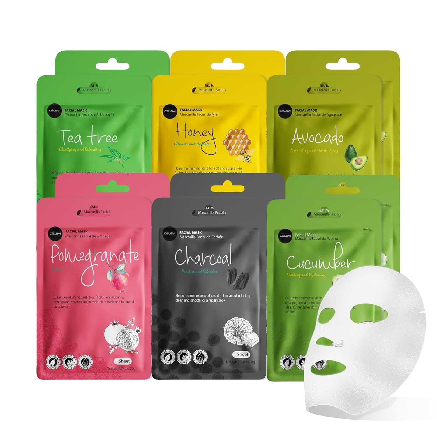 celavi Essence Facial Face Mask Paper Sheet Korea Skin Care Moisturizing 4 packs for each 6 flavors (New) K-Beauty Skincare 24 masks in a pack Made in Korea | Twenty-four Korean essence masks, four each of six formulas. Tea tree, honey, avocado, charcoal, cucumber.