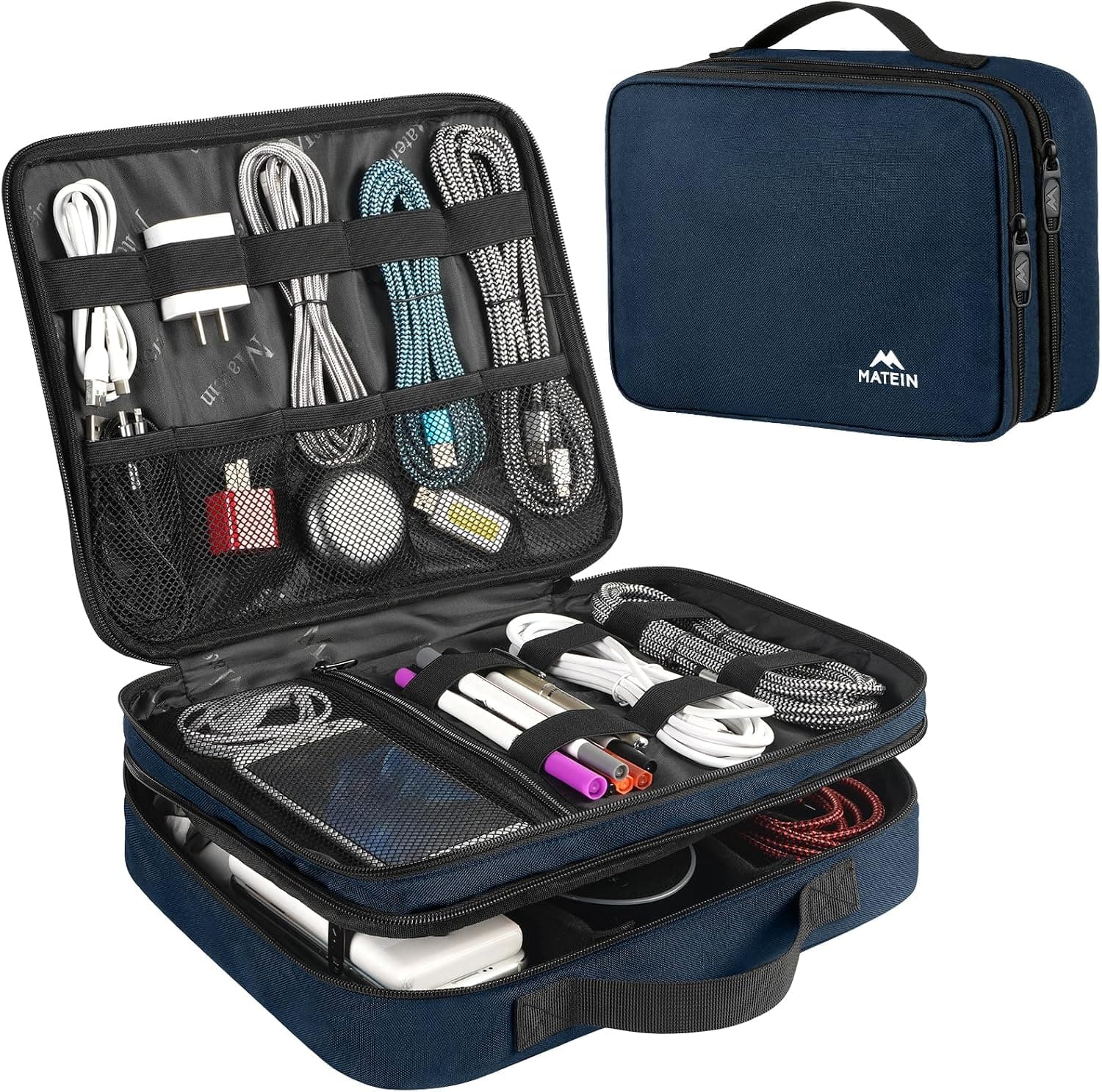MATEIN Organizador de cables de viaje para hombres, estuche cambiador de accesorios de viaje grande | Caja organizadora de cables portátil de doble capa para cables, teléfono celular y tableta (hasta 12,9 pulgadas), azul marino, regalos tecnológicos