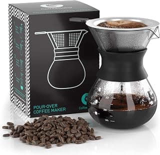Coffee Gator Pour Over Cafetera portátil - 10.5oz | Vidrio de borosilicato de alto calor con filtro de acero inoxidable reutilizable, cafetera por goteo, juego de goteros, jarra, 300 ml, negro