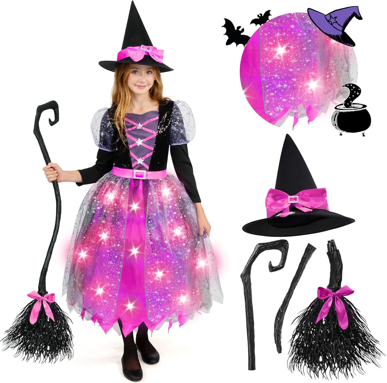 Spooktacular Creations Disfraz de Bruja para niños, Disfraces de Halloween iluminados, Vestido de Bruja con Sombrero y escoba para niñas, Dulce Juego de Mago para Fiestas temáticas de Halloween aterradoras para niños pequeños, Rosa, S