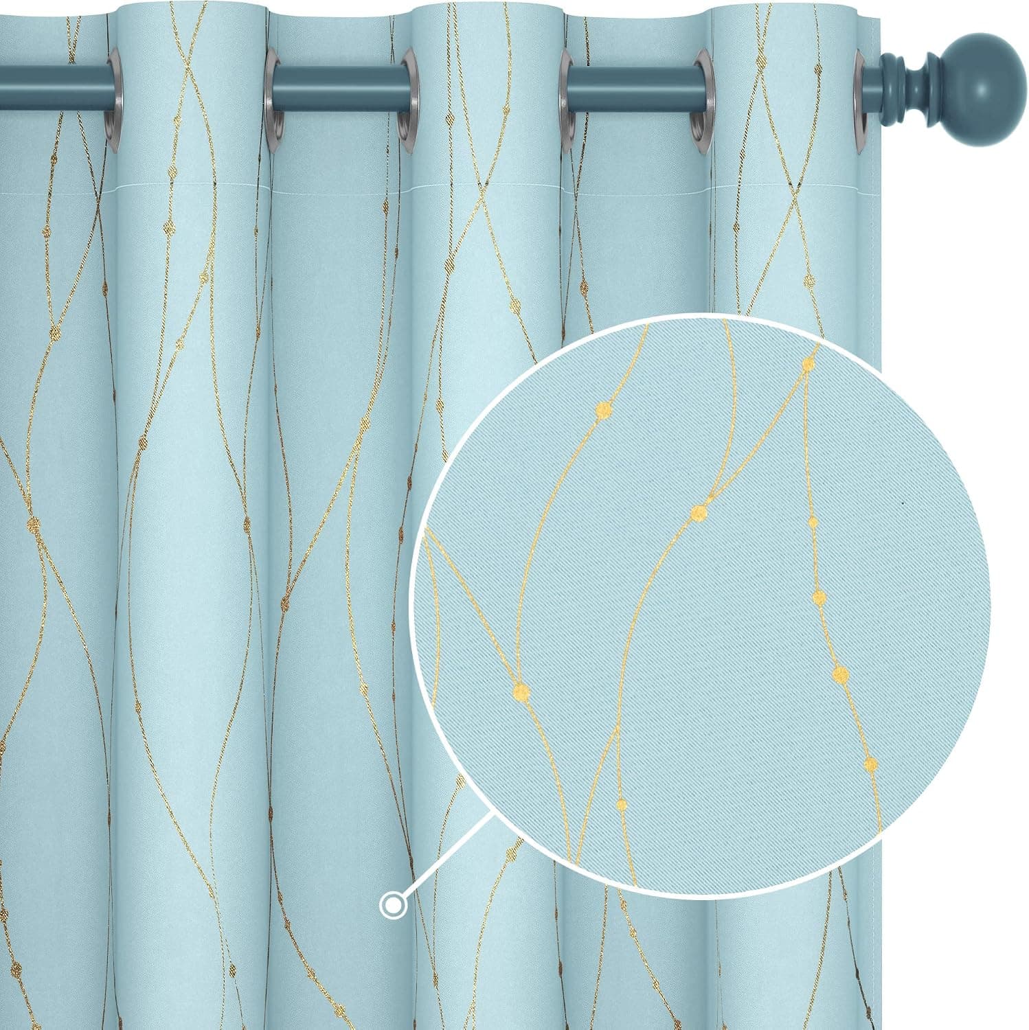 Deconovo Cortinas opacas cortas de 54 pulgadas de largo, cortinas para cocina, guardería | Cortinas opacas con estampado de líneas de puntos dorados, cortinas térmicas para ventana, con ojales en la parte superior, 52 pulgadas de ancho x 54 pulgadas de largo, azul claro, 2 paneles