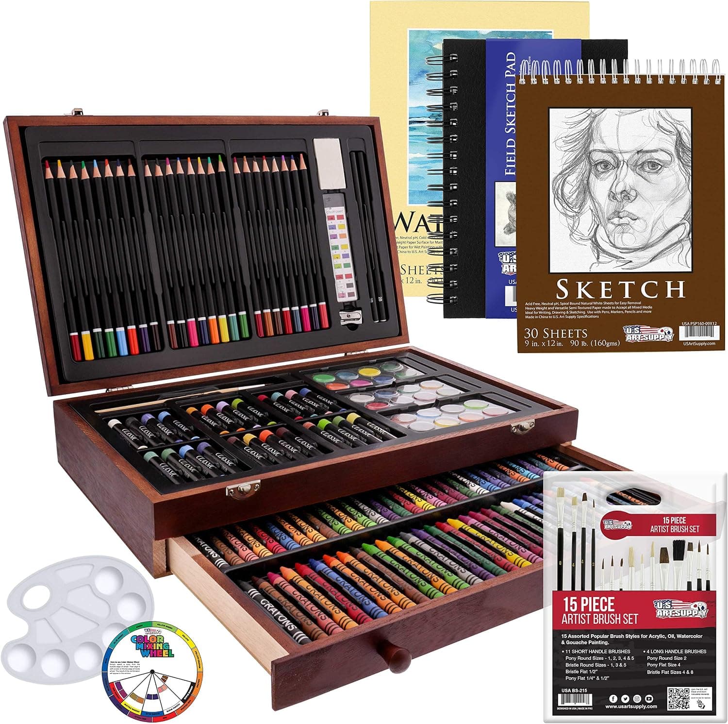 Suministro de arte de EE. UU. Kit de artista de caja de mega madera de 162 piezas para pintura, dibujo