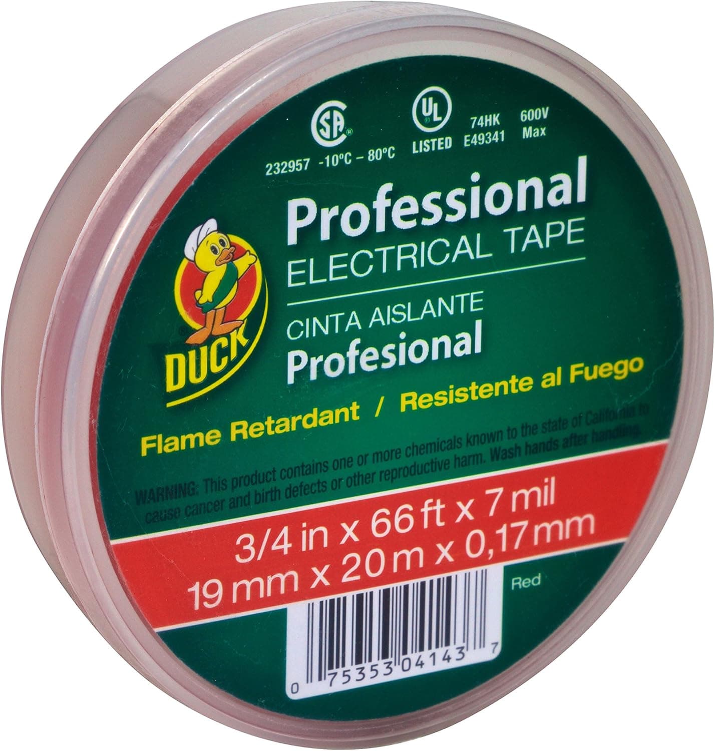 Duck Brand Professional Grade Electrical Tape, 3/4-Inch by 66 Feet, Single Roll, Red (300878)