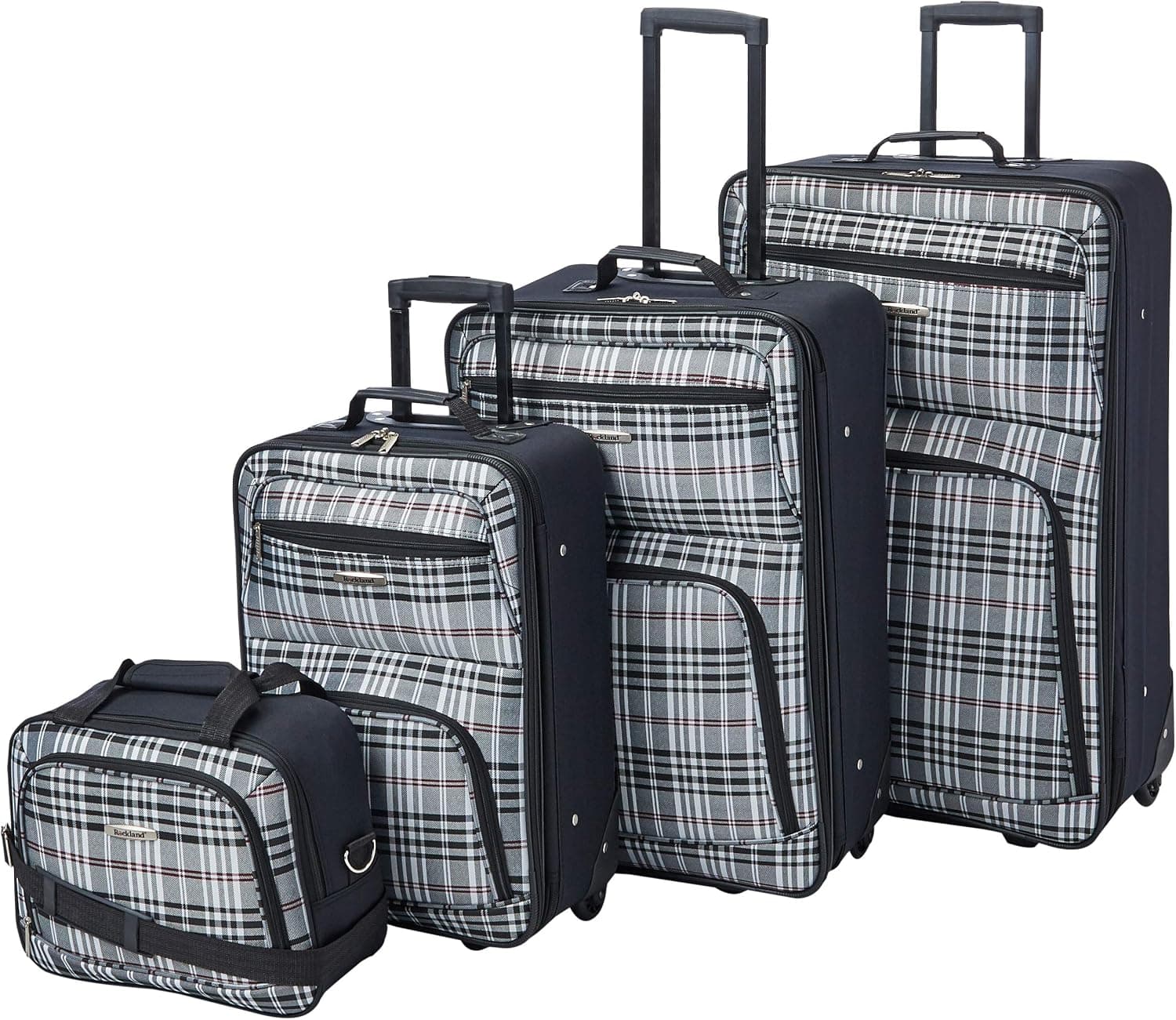 Rockland Fashion Juego de maletas verticales Softside, asas telescópicas, cuadros negros, 4 piezas (14/19/24/28)