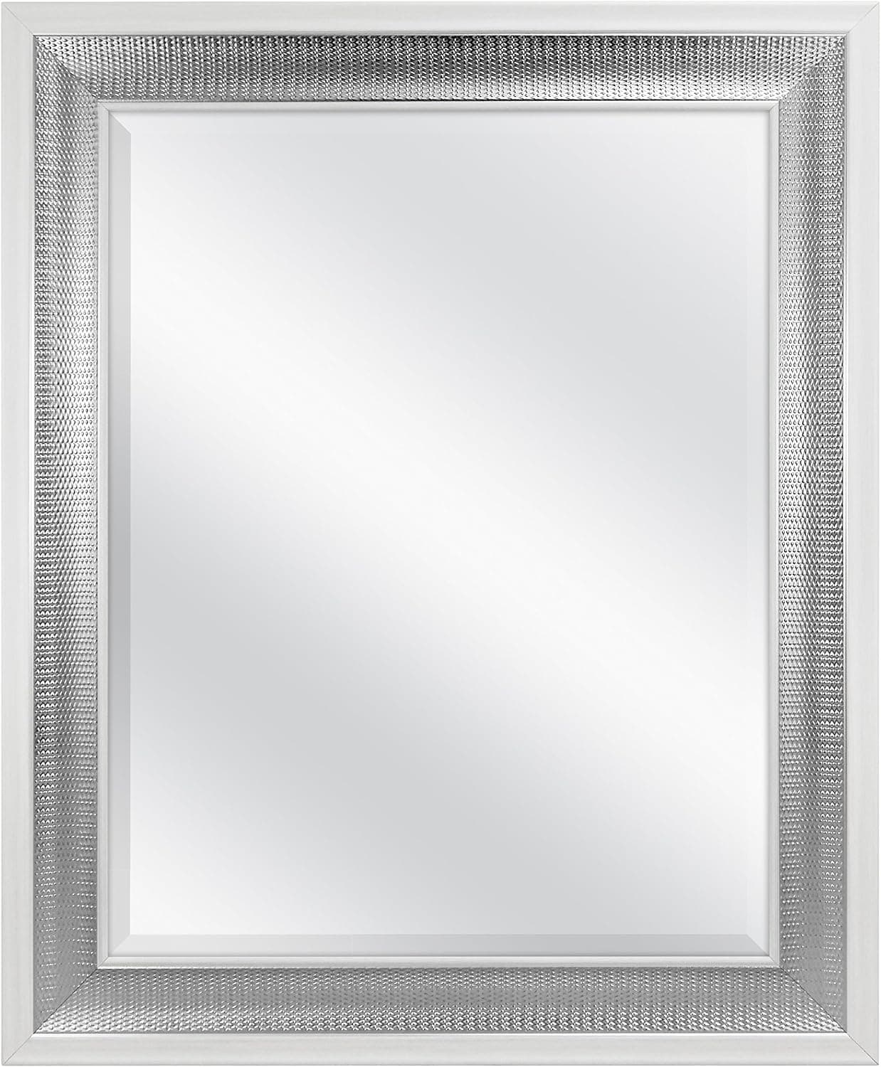 MCS Espejo de pared grande de 28,5 x 34,5, marco blanco con detalle plateado tejido y espejo con detalle biselado, espejo colgante de pared vertical y horizontal para baño, dormitorio y sala de estar