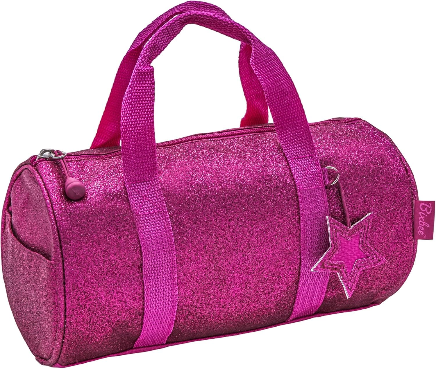 Bixbee Kids Duffle Bag, Dance Bag & Travel Bag for Sports, Gymnastics and Ballet with Adjustable Strap, Zippers, Pockets, and Flake-Resistant Glitter - Overnight Bag in Ruby Raspberry.