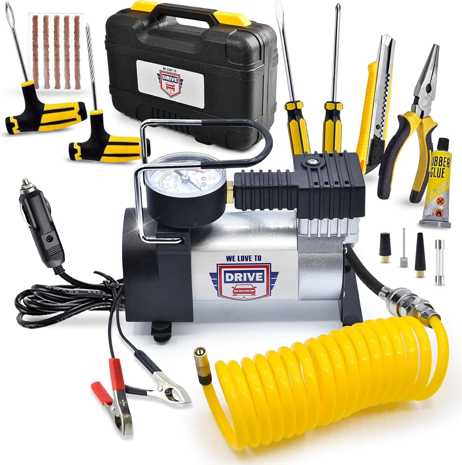 Compresor de aire portátil para inflar neumáticos – Bomba de aire de 12 V CC para neumáticos de automóvil, bomba de aire eléctrica de 150 PSI con manómetro de neumáticos – Con cable amarillo por WE LOVE TO DRIVE