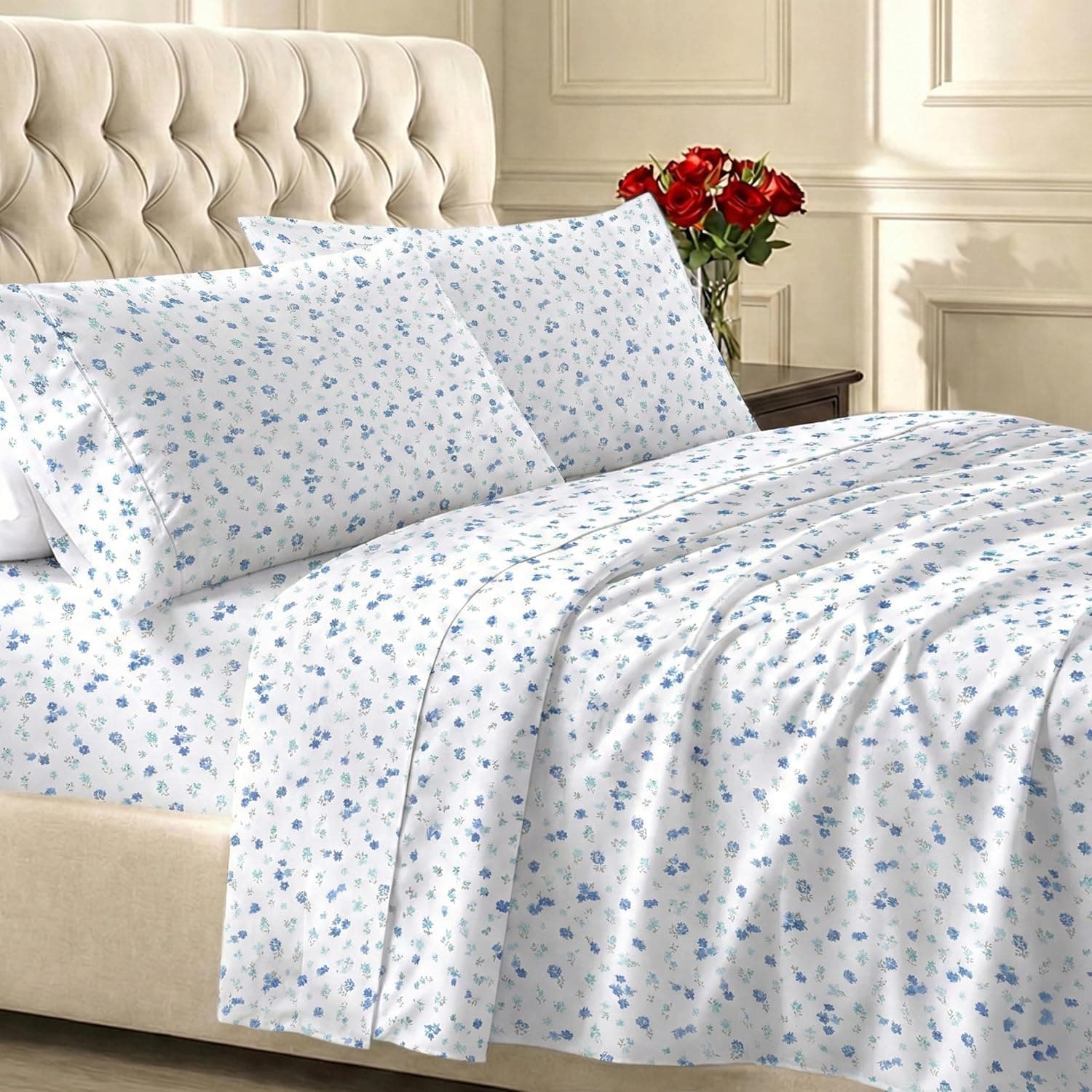 California Design Den Suave 100% satén de algodón Queen Sábanas de bolsillo profundo | 400 hilos respaldados por el sello Good Housekeeping, bolsillo de 16" de profundidad, elástico integral, juego de 4 piezas - estampado floral blanco/azul