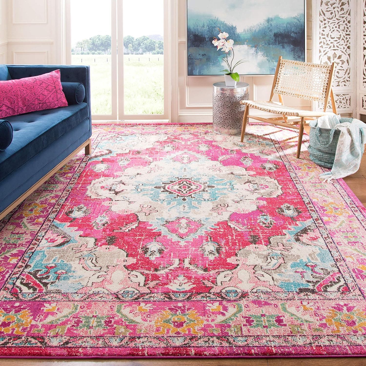 SAFAVIEH Monaco Collection Alfombra de área – 8' x 11', rosa y multicolor, no se desprende y fácil de limpiar, diseño de medallón envejecido, ideal para sala de estar, dormitorio, comedor (MNC243D)